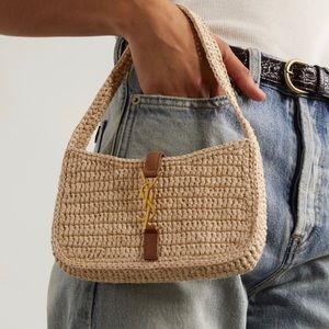 YSL Le 5 à 7 leather-trimmed raffia shoulder bag